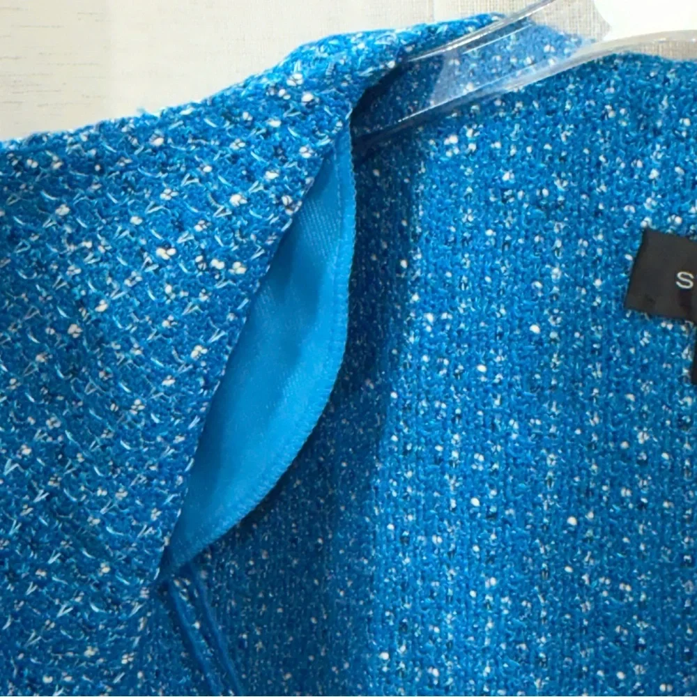 ST. JOHN Knits Boucle Tweed Blazer Wool Blend Stretch Blue White Jacket Size 10 - Picture 7 of 13